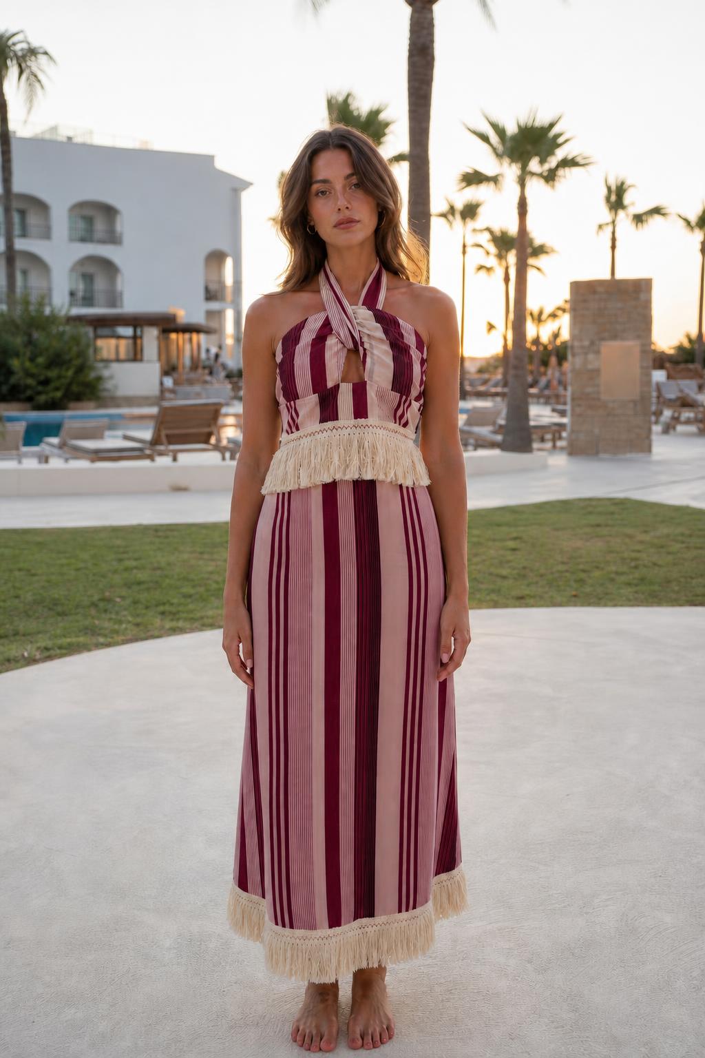 Front view of burgundy stripe halter fringe maxi dress variant