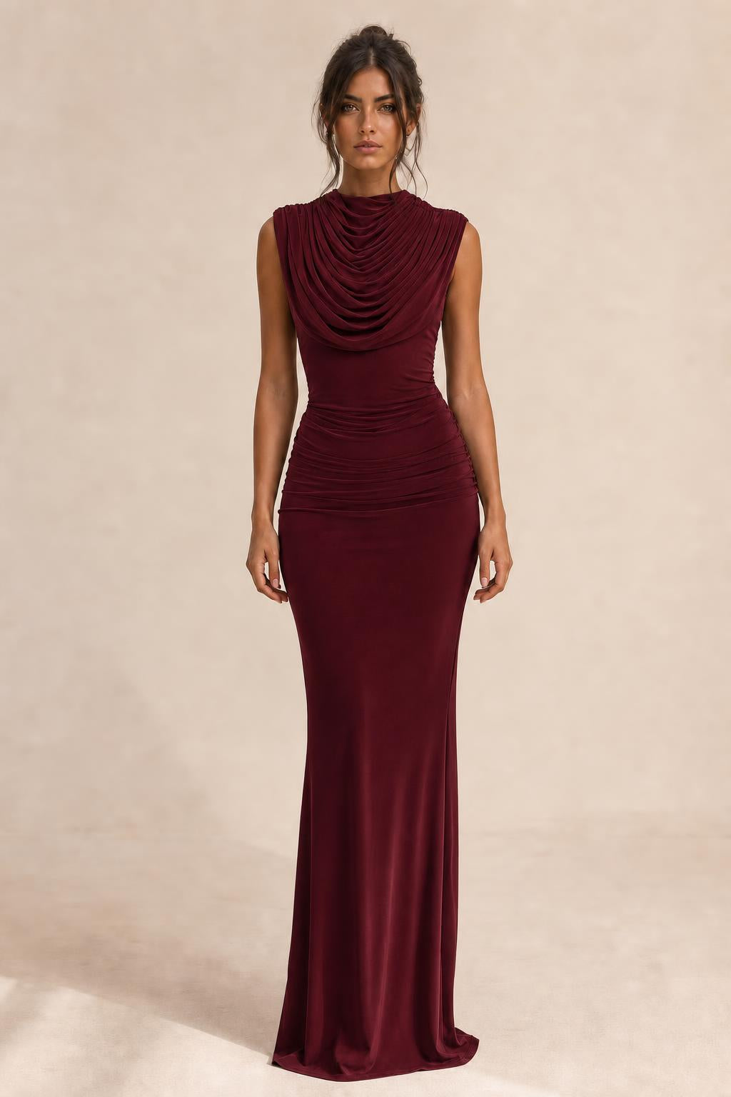 Front view of burgundy draped sleeveless maxi dress