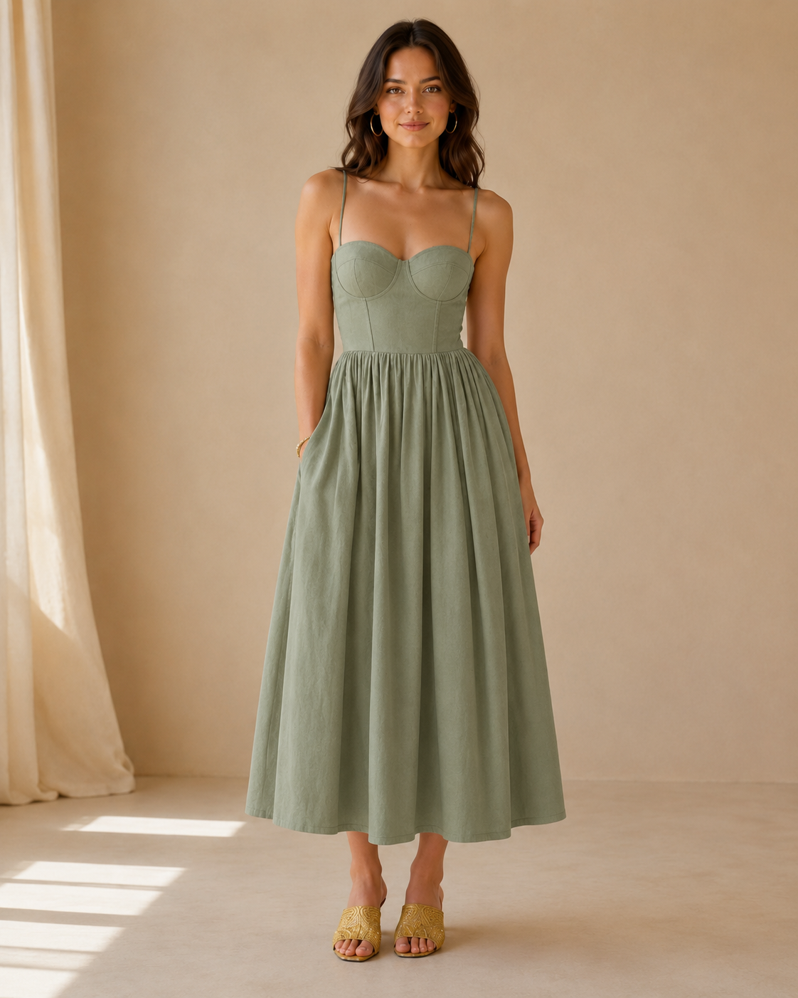 Sage green sweetheart bustier midi dress front view