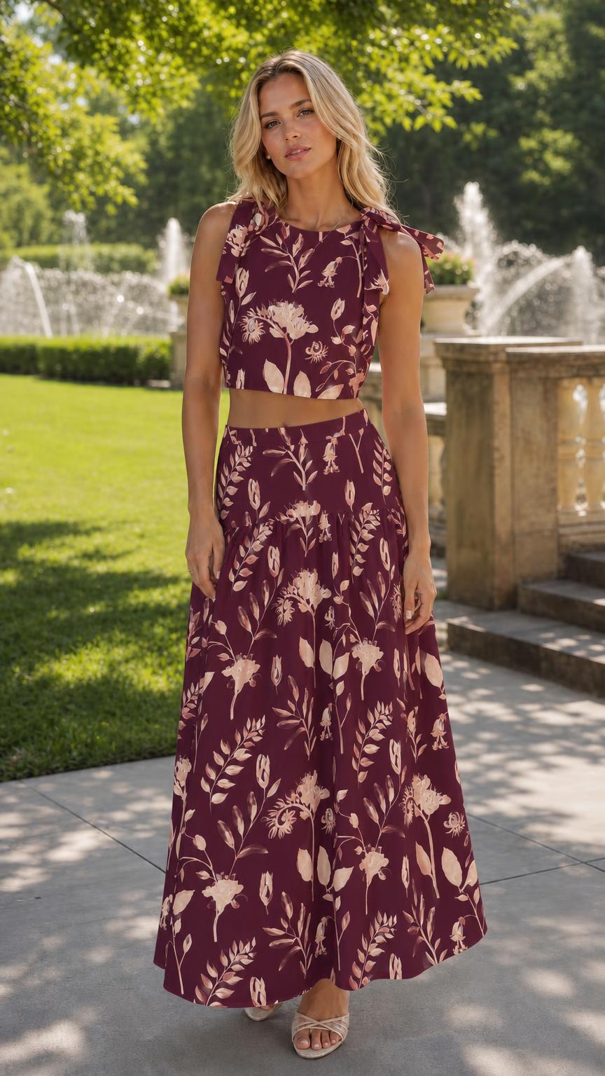 Woman wearing burgundy floral two-piece set outdoors