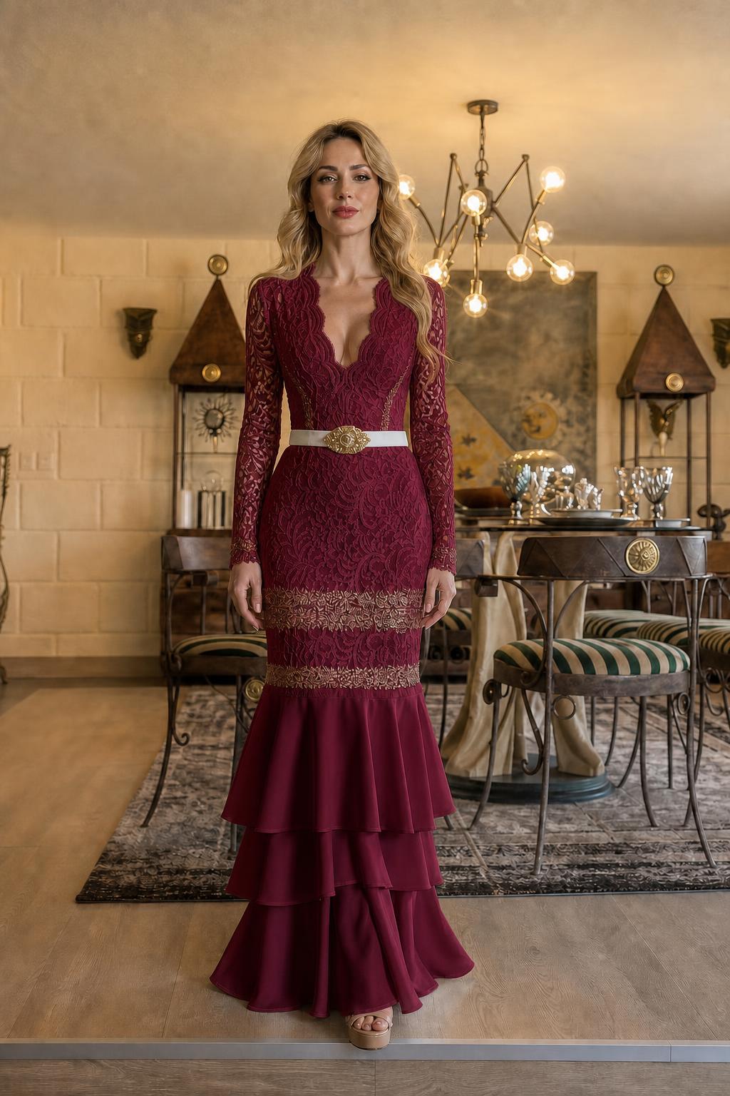 Front full view of burgundy lace long-sleeve mermaid maxi dress