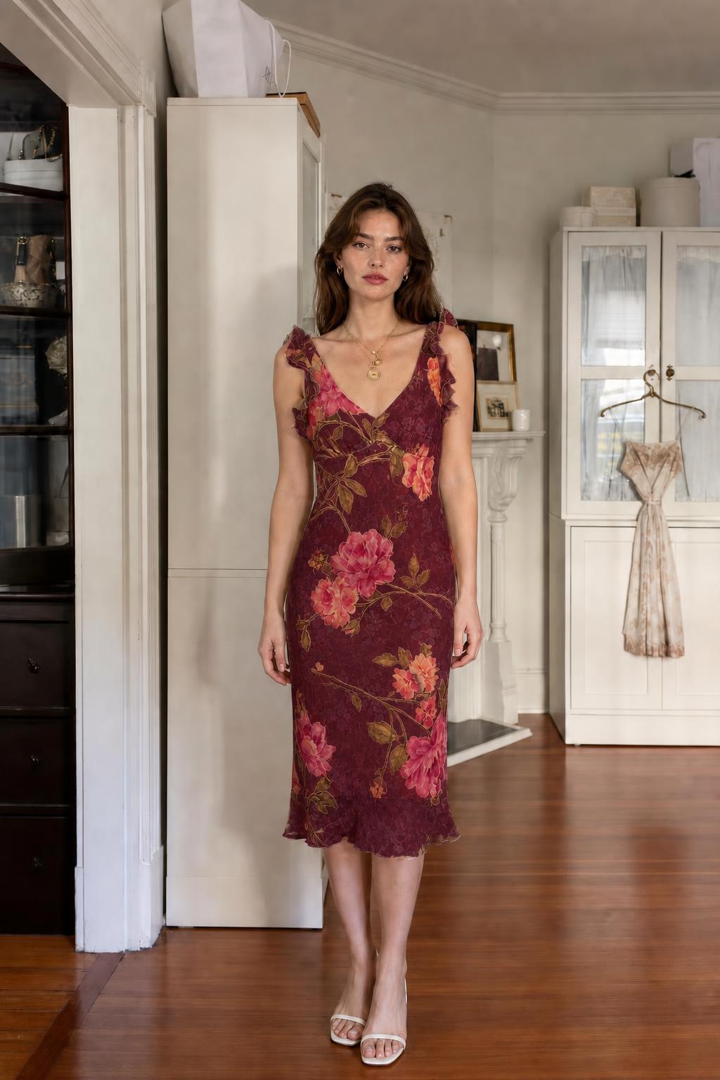 Front view of woman wearing burgundy floral midi dress