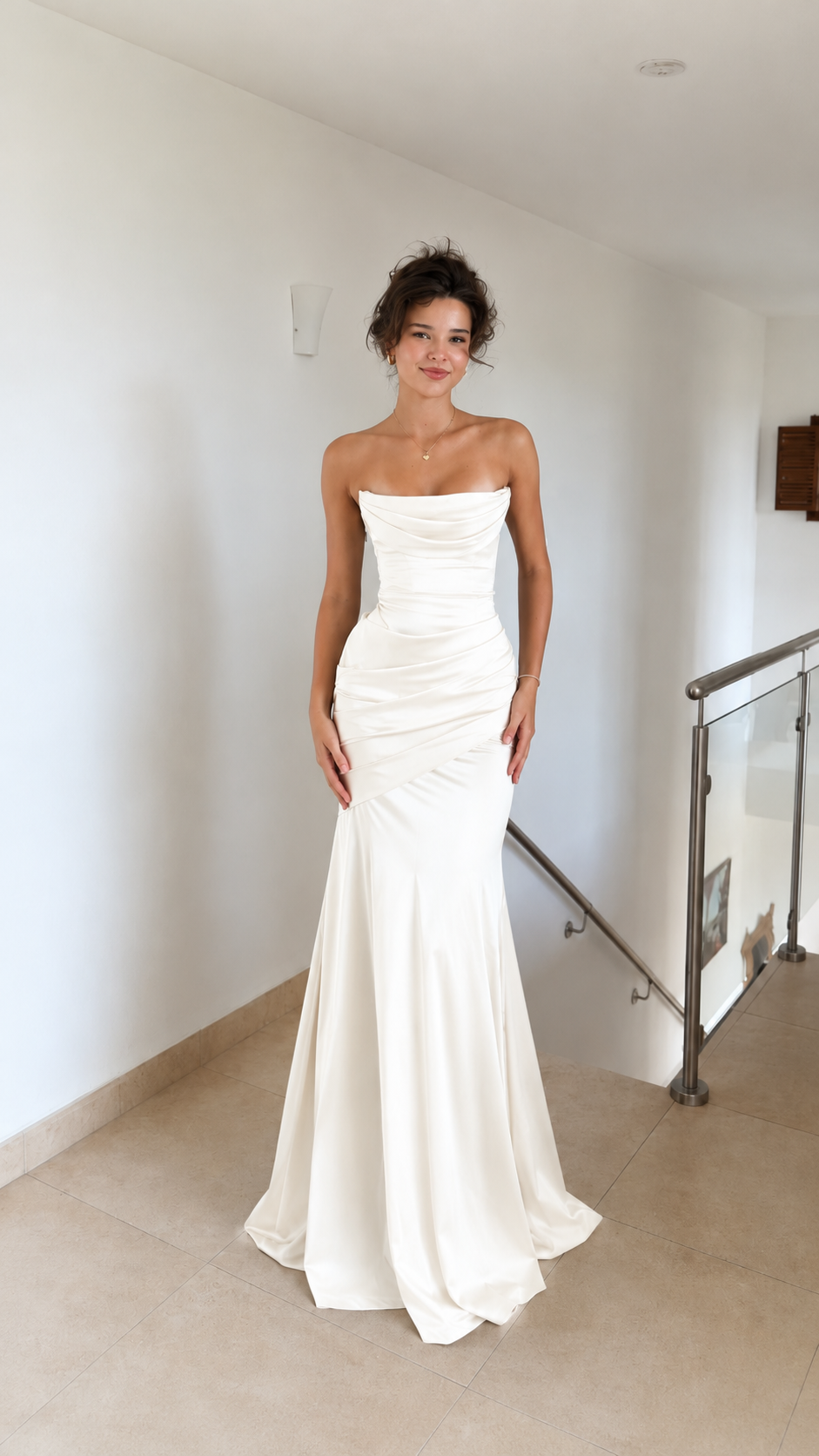 Front view of ivory strapless ruched mermaid evening gown