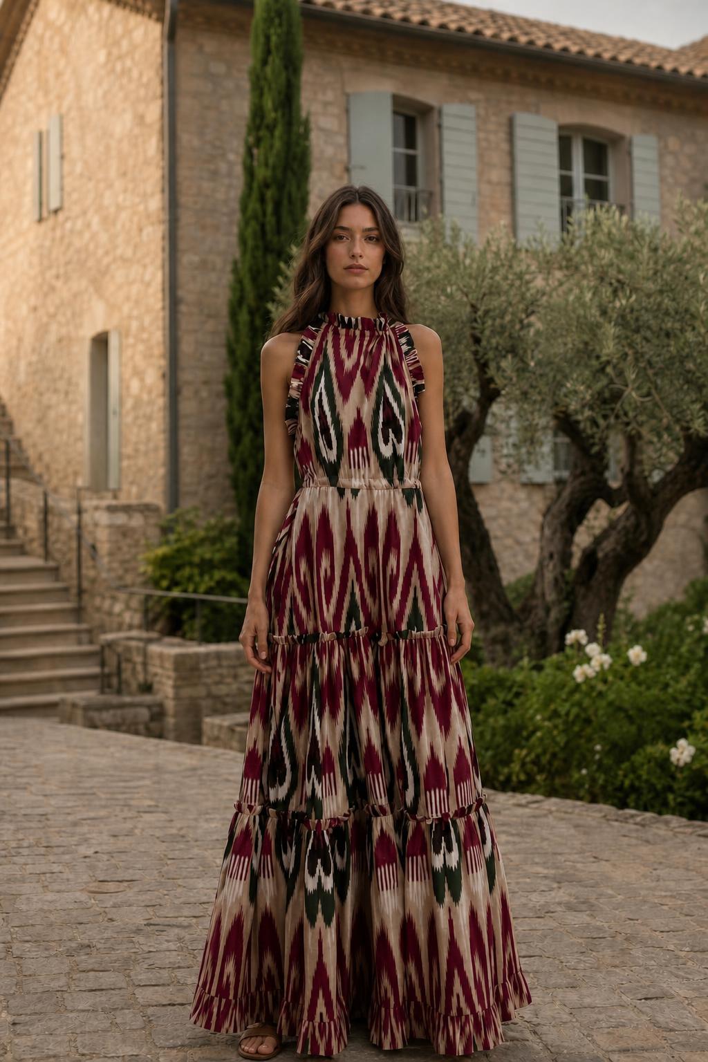 Model wearing burgundy multi ikat print maxi dress
