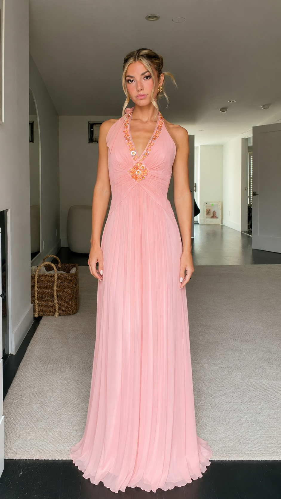 Front view of blush pink beaded halter pleated maxi dress