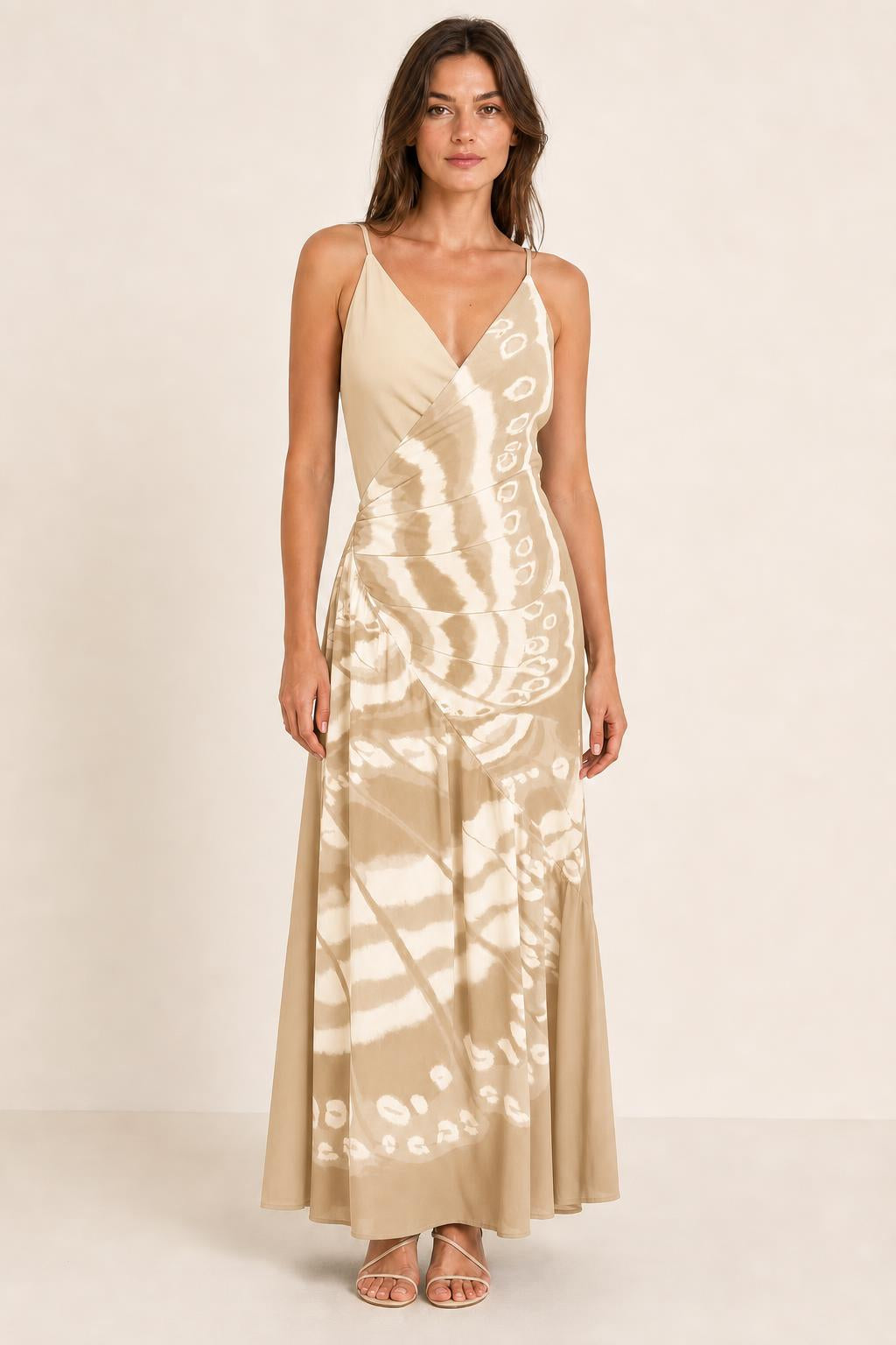 Womens khaki V-neck butterfly print maxi dress