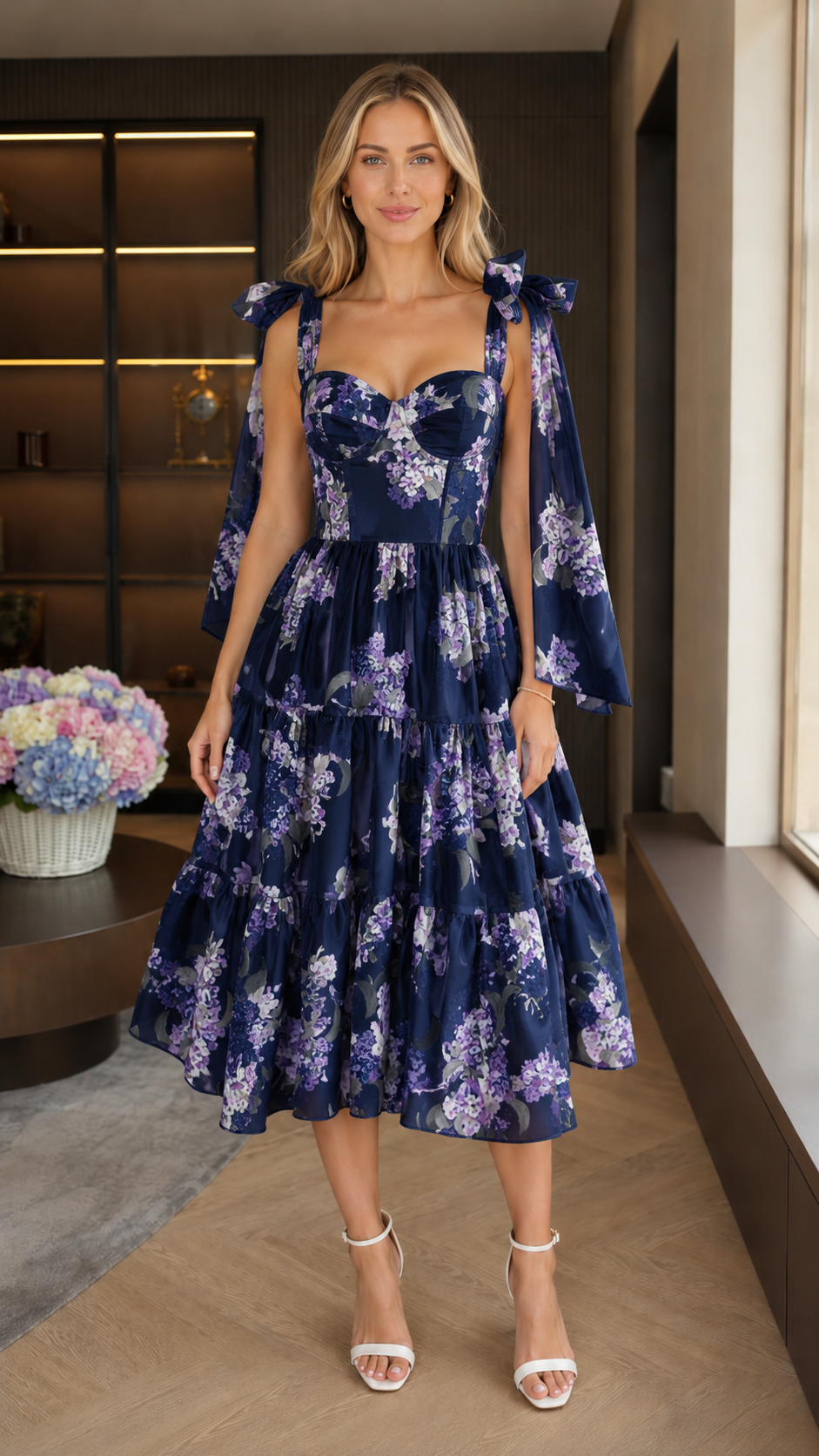 Front view of navy floral tie-shoulder sweetheart midi dress