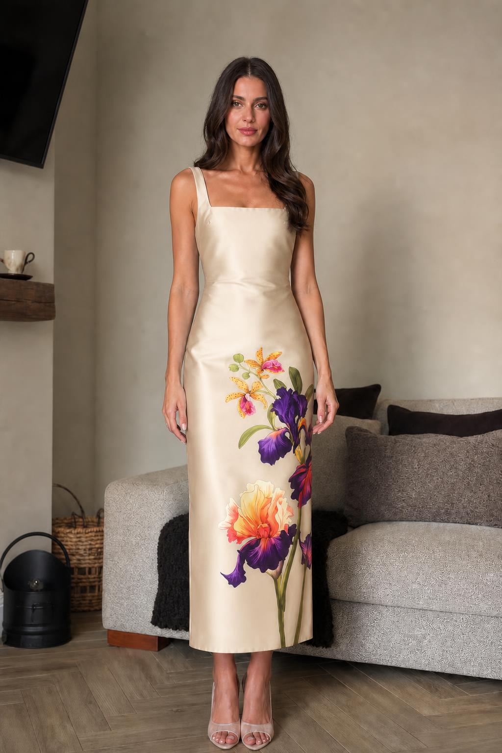 Front view of champagne floral midi dress on model