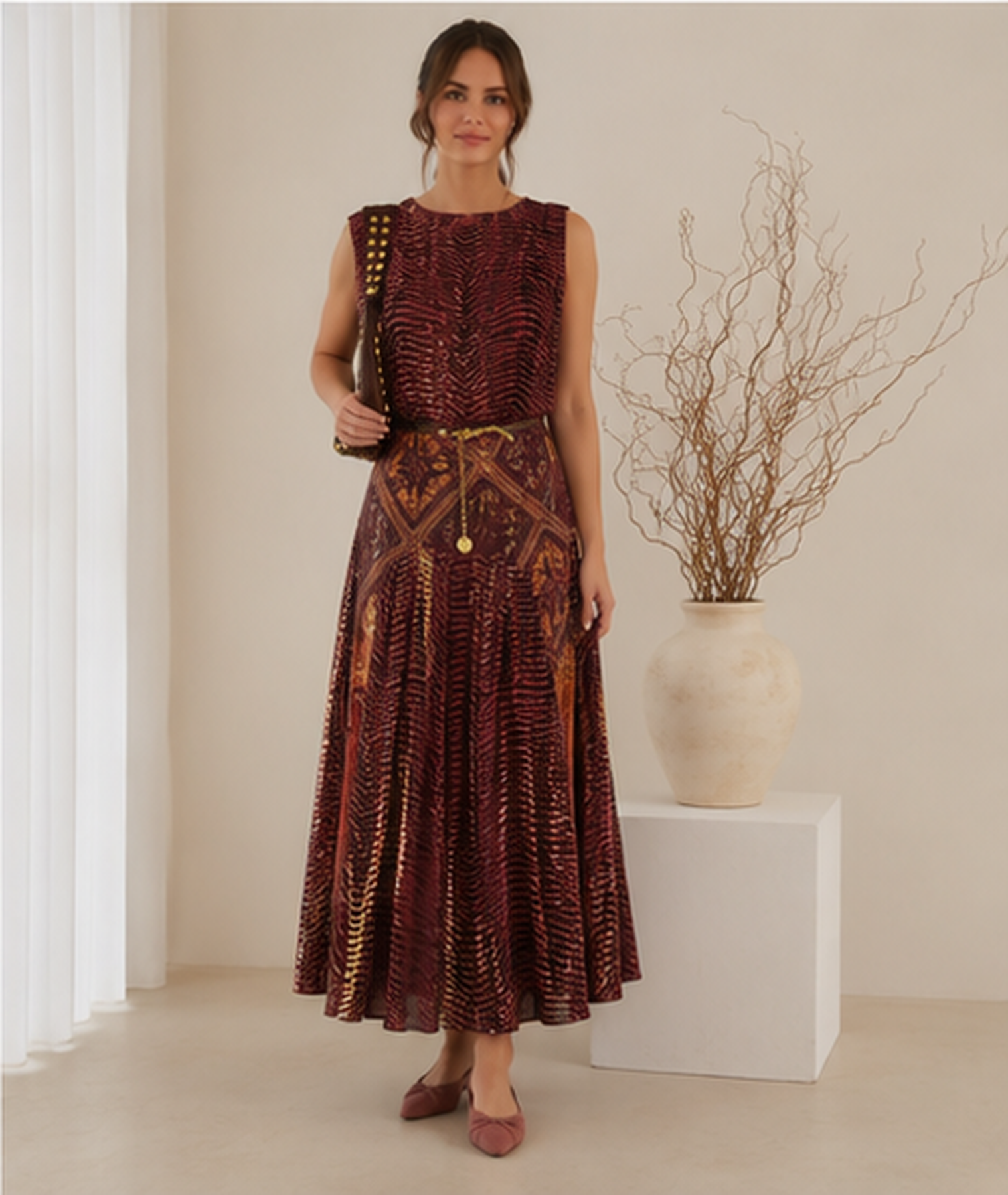 Women's printed sleeveless belted midi dress in Burgundy