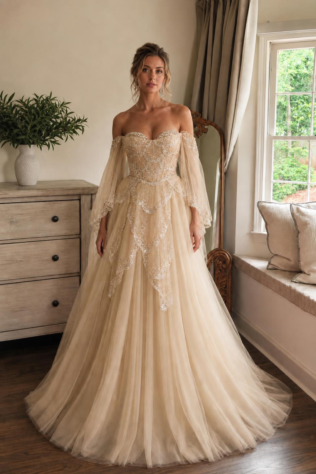 Champagne variant of the off-the-shoulder tulle ball gown