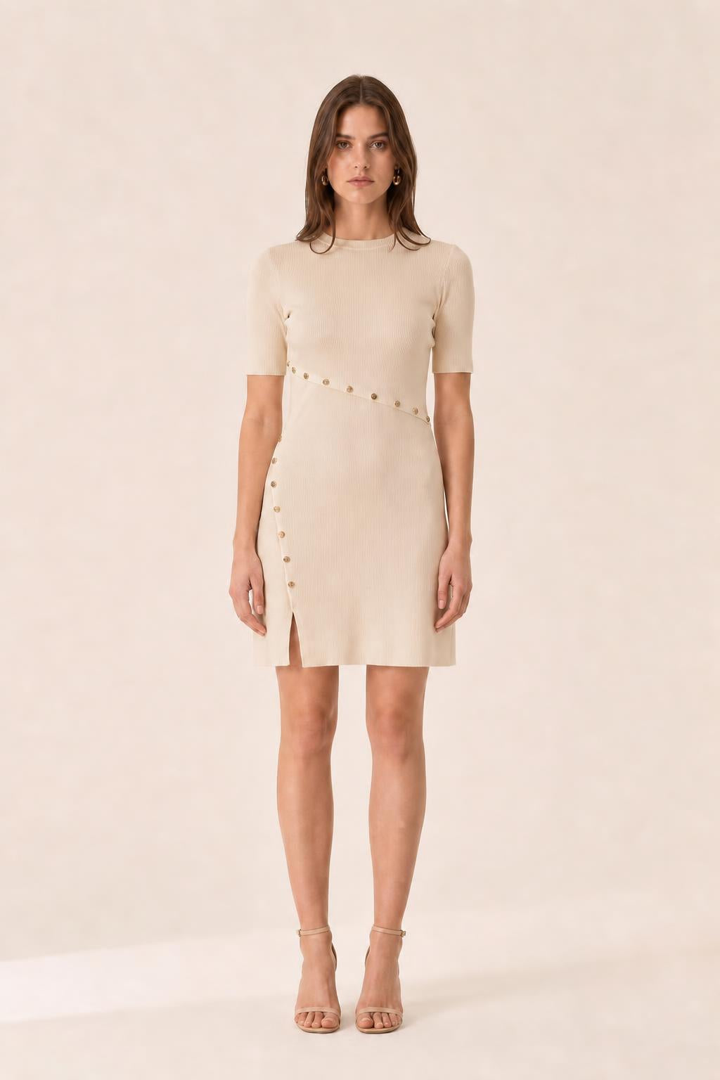 Women's Ribbed Knit Mini Dress with Gold-Tone Button Accents