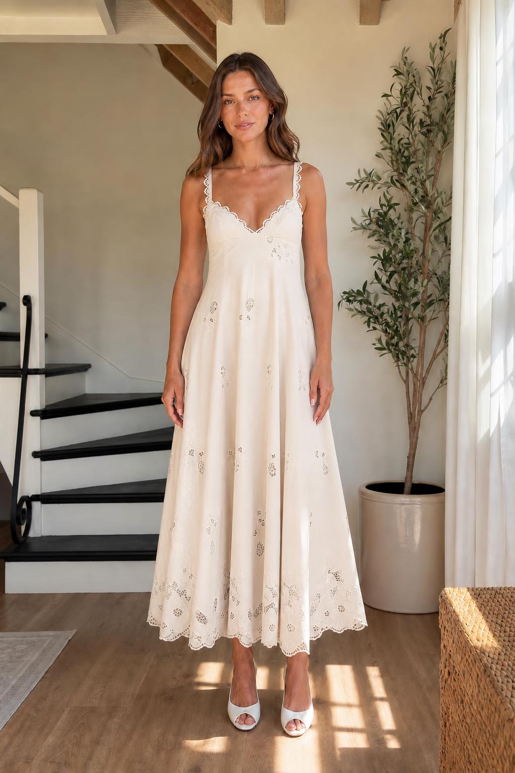 Elegance Embroidered Eyelet Midi Dress in Cream