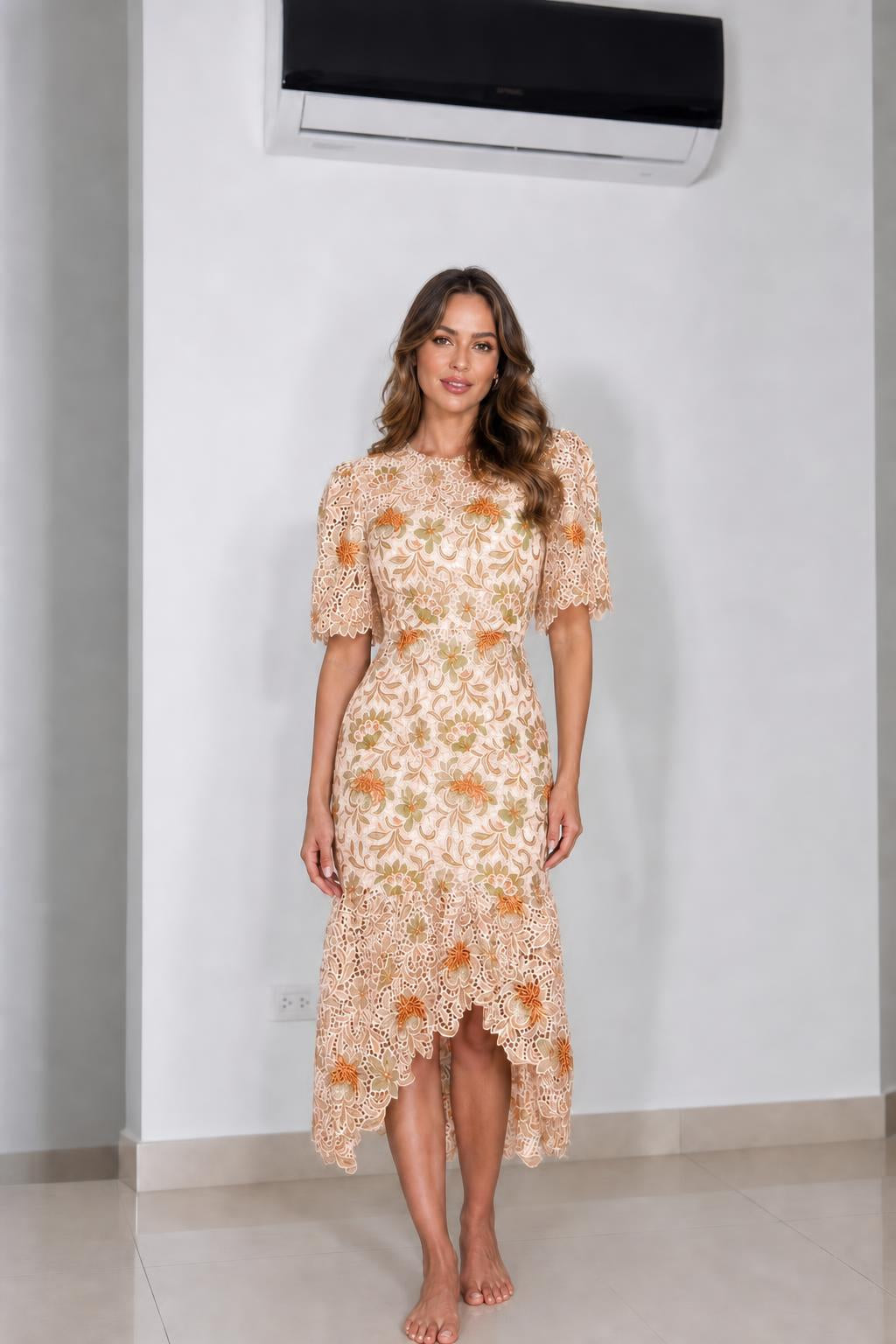 Front view of beige floral lace midi dress
