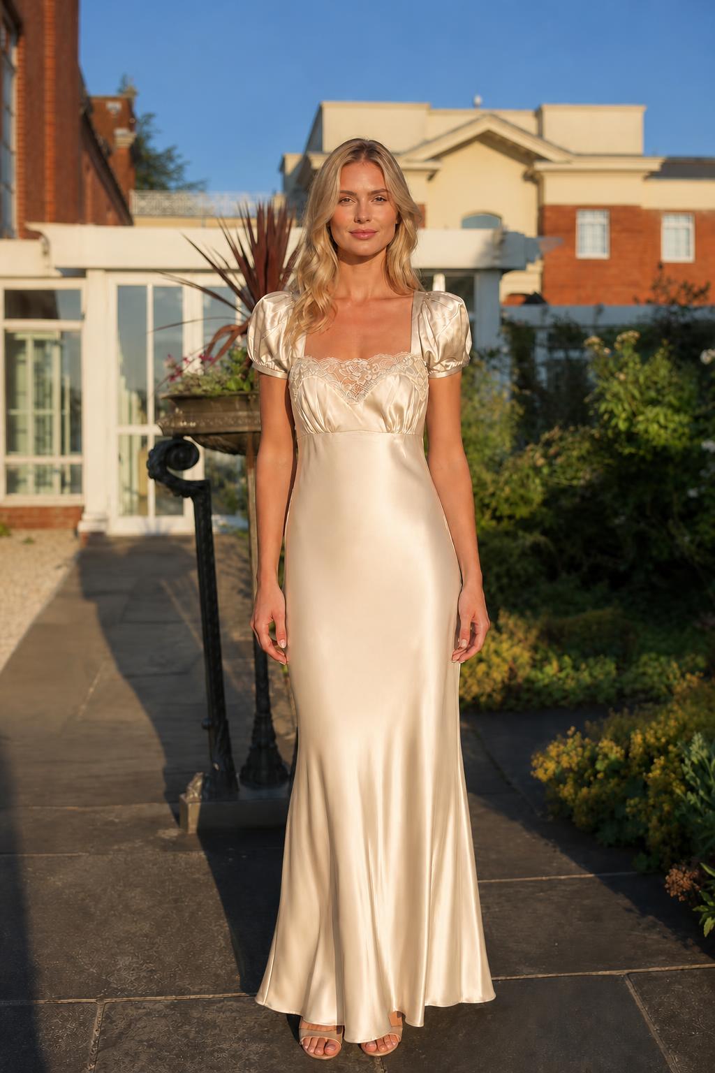 Front view of champagne satin lace trim maxi dress on model