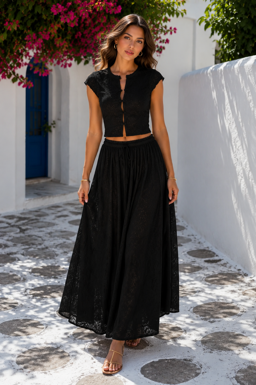 Black lace-look crop top and maxi skirt two-piece set front view