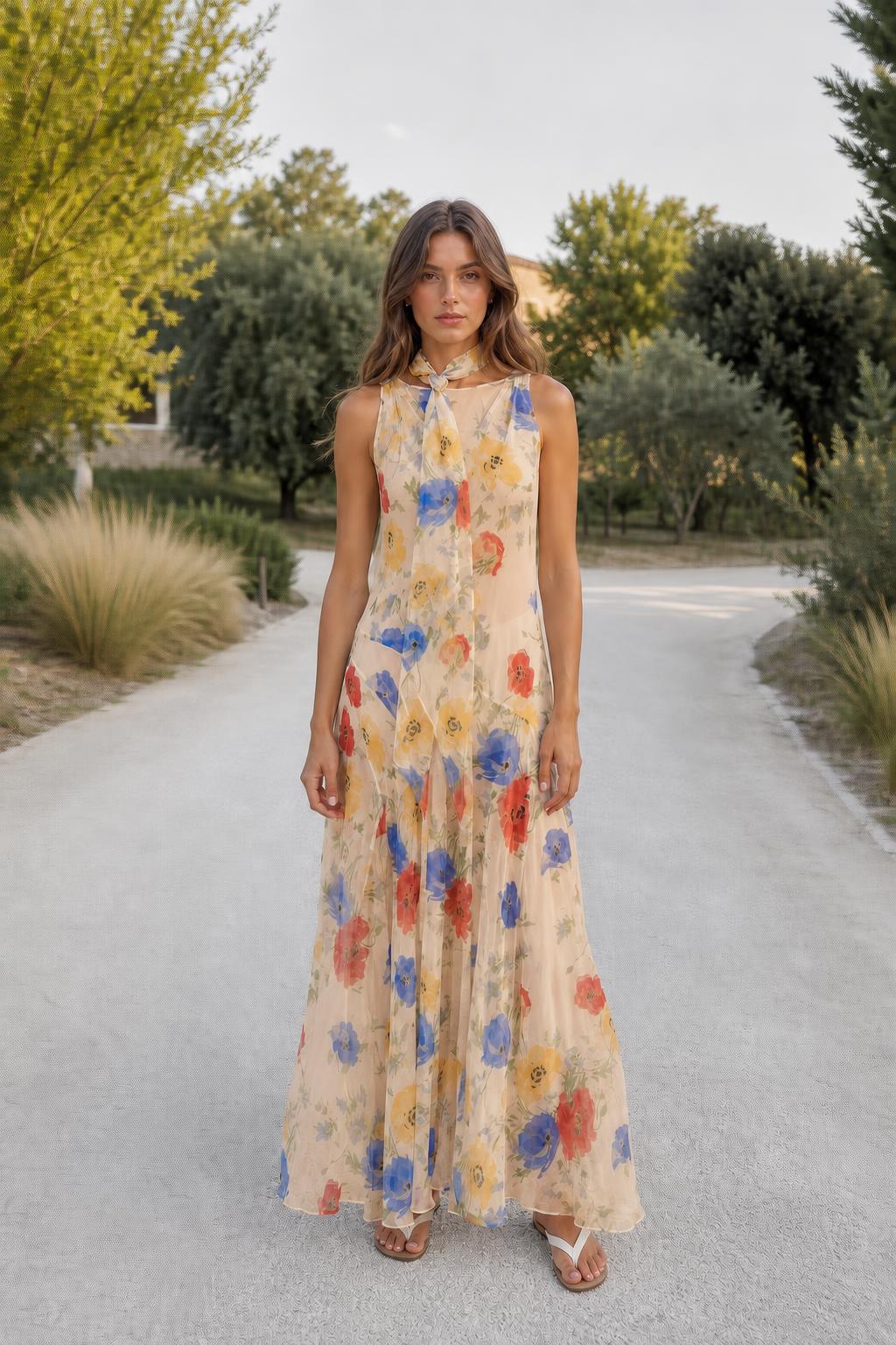 Model wearing beige floral halter maxi dress outdoors
