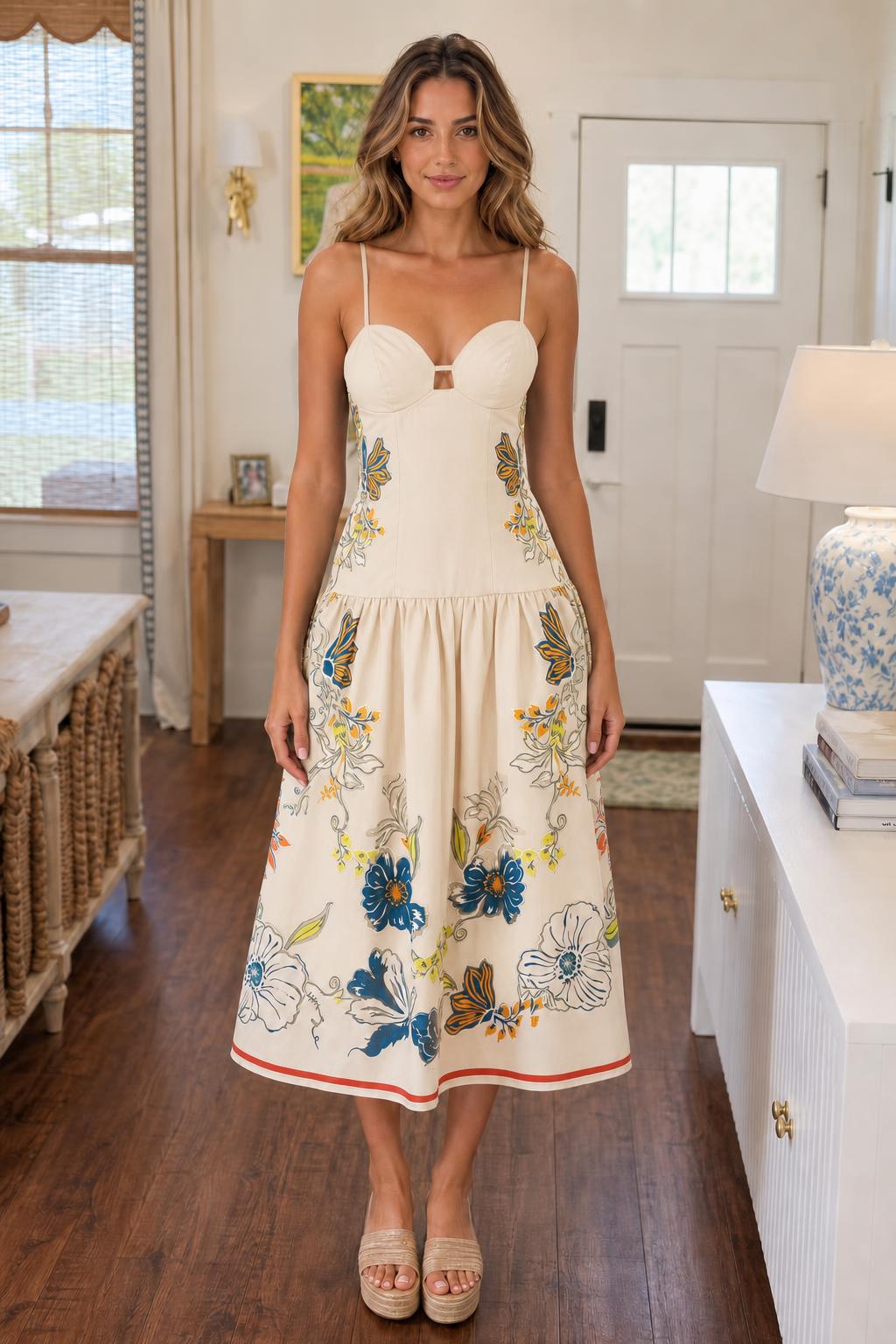 Floral Print Bustier Midi Dress in Cream