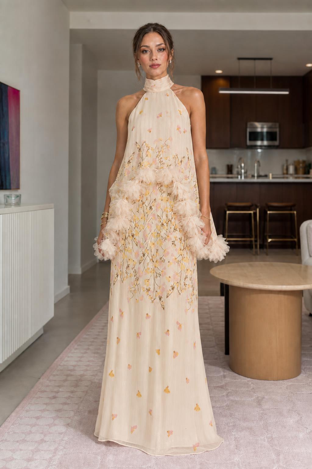 Front view of champagne floral halter maxi dress