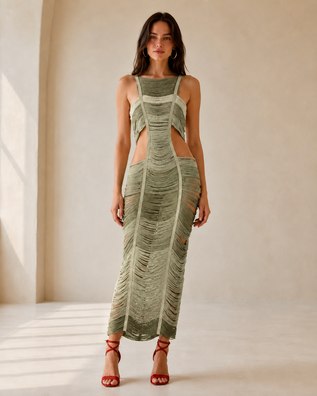 Front view of sage sleeveless ruched cutout maxi dress