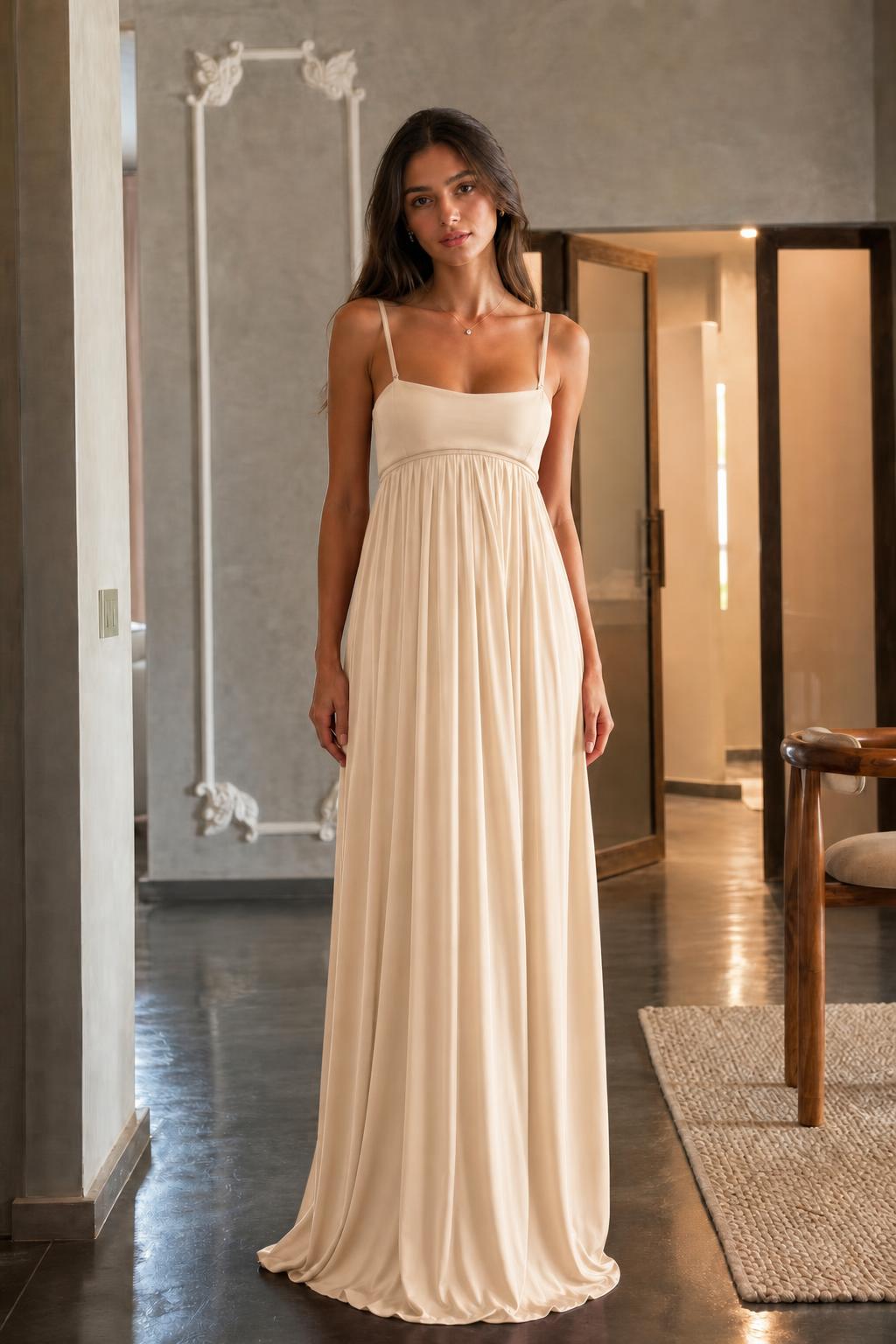 Full-length front view of beige maxi dress