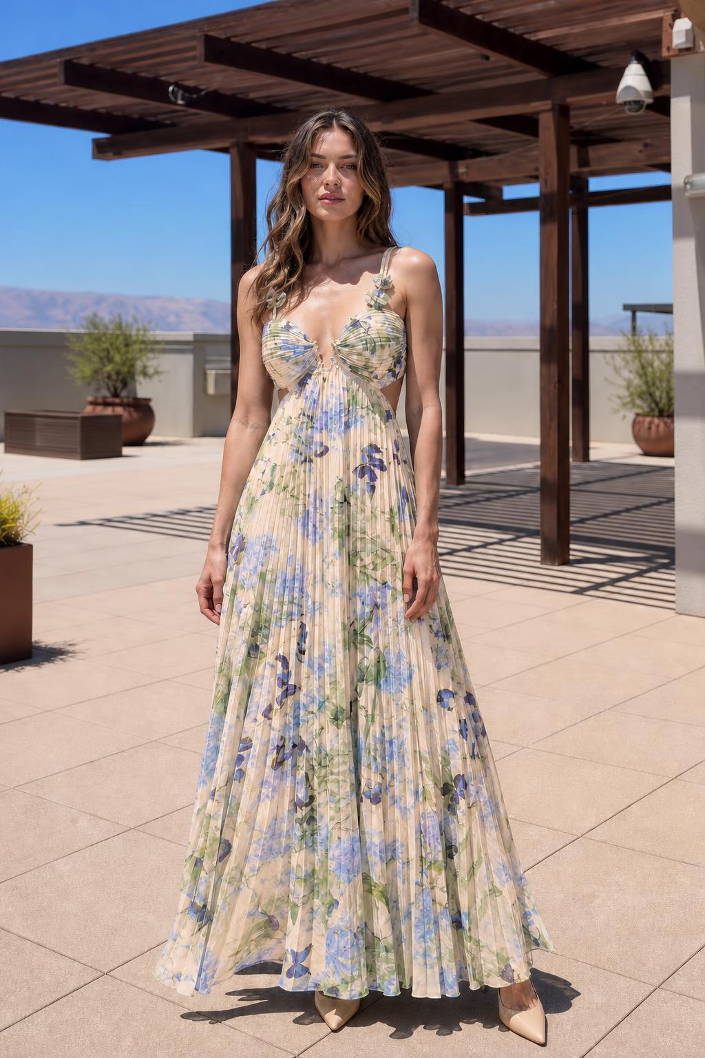 Front view of model wearing Beige Floral pleated maxi dress