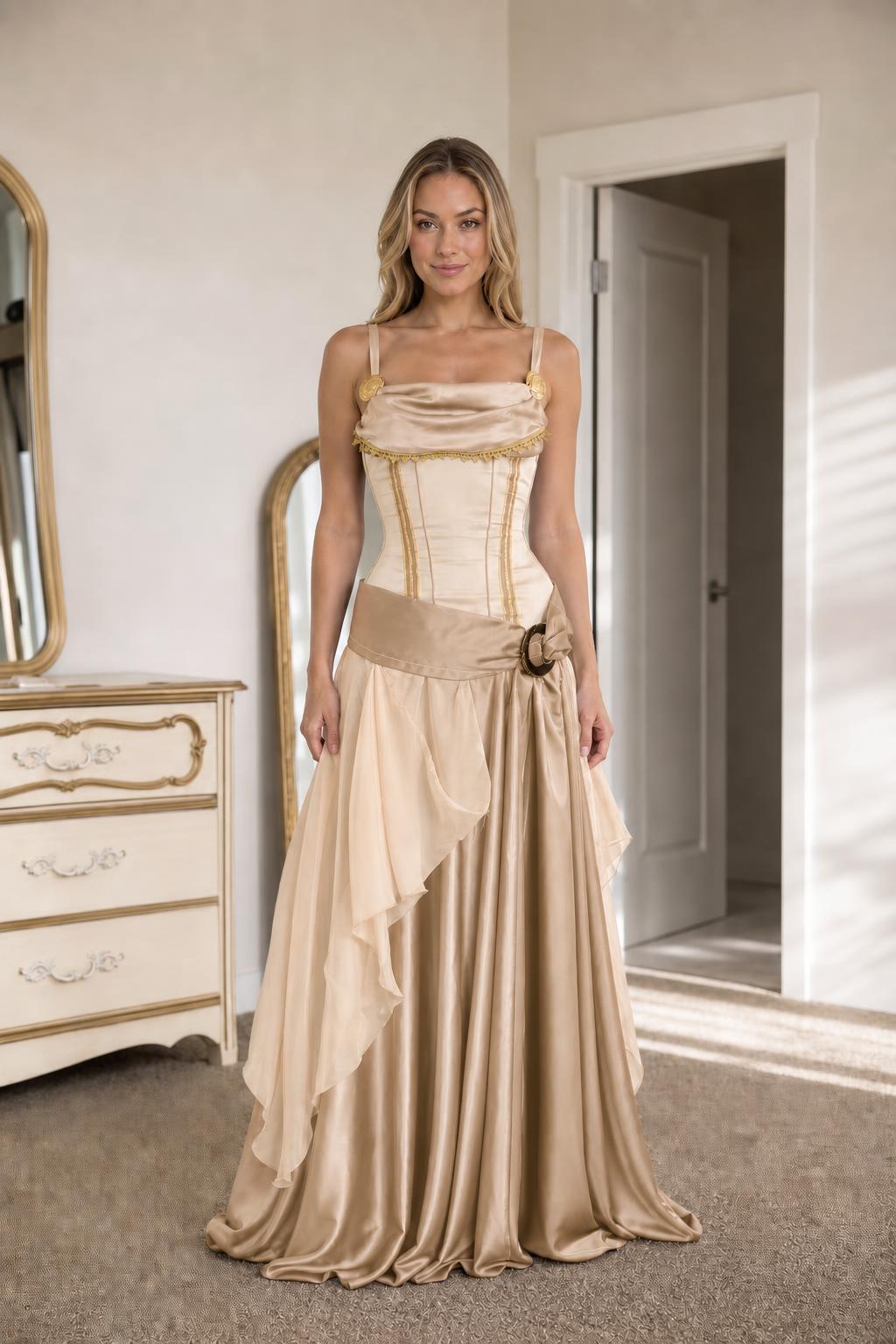 Renaissance medieval corset maxi dress in champagne