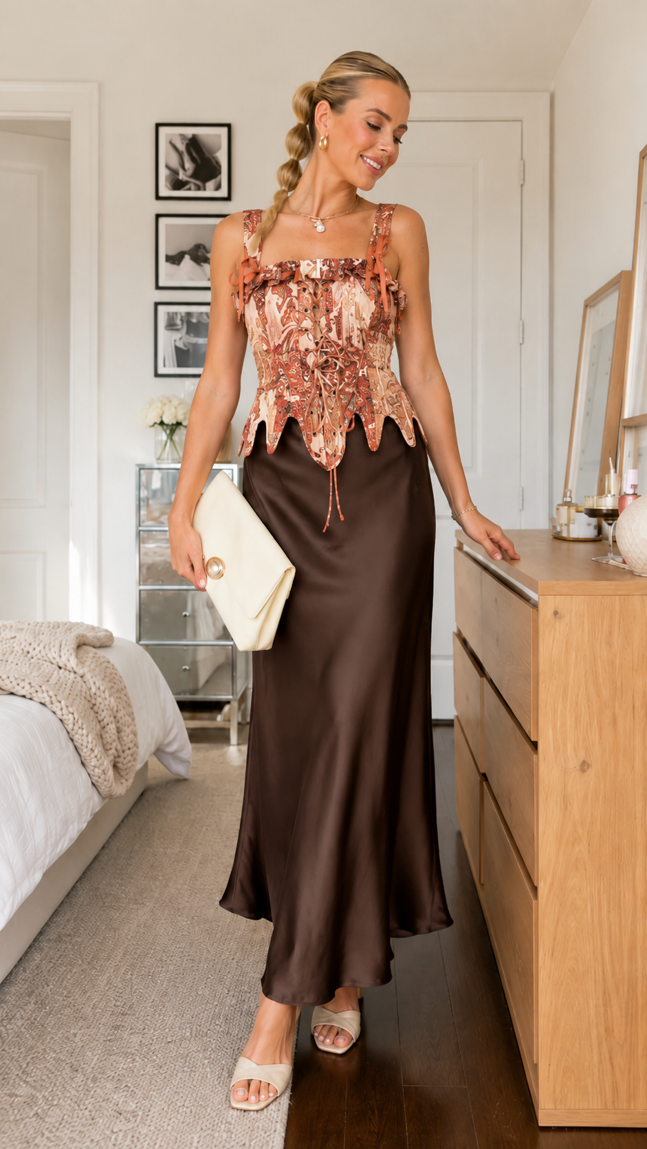 Chocolate satin maxi skirt set with warm-toned printed cami top