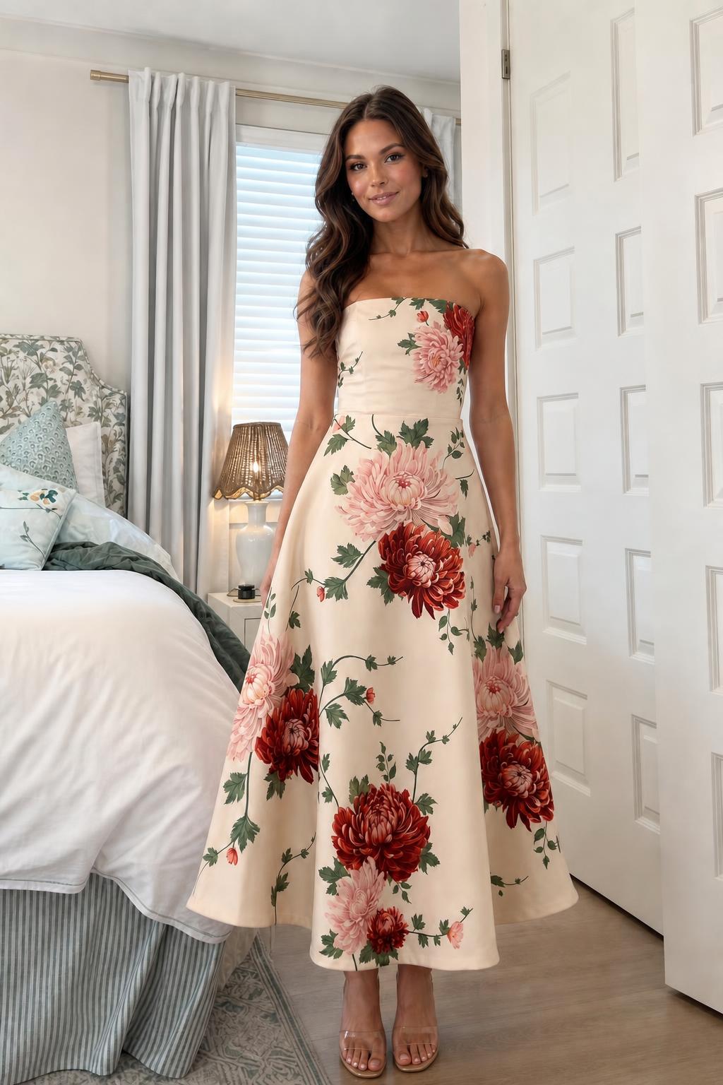 Woman wearing cream floral strapless midi dress