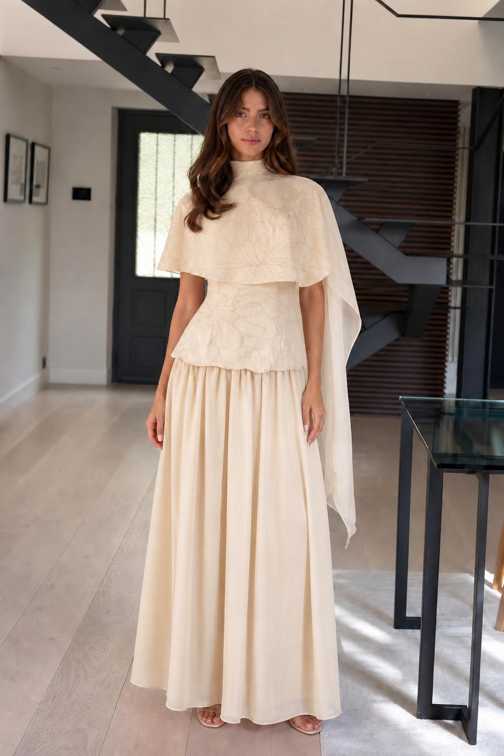Elegance Cape Overlay Mock Neck Maxi Dress in Cream