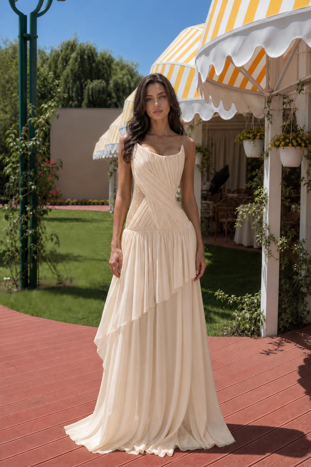 Front view of beige evening dress