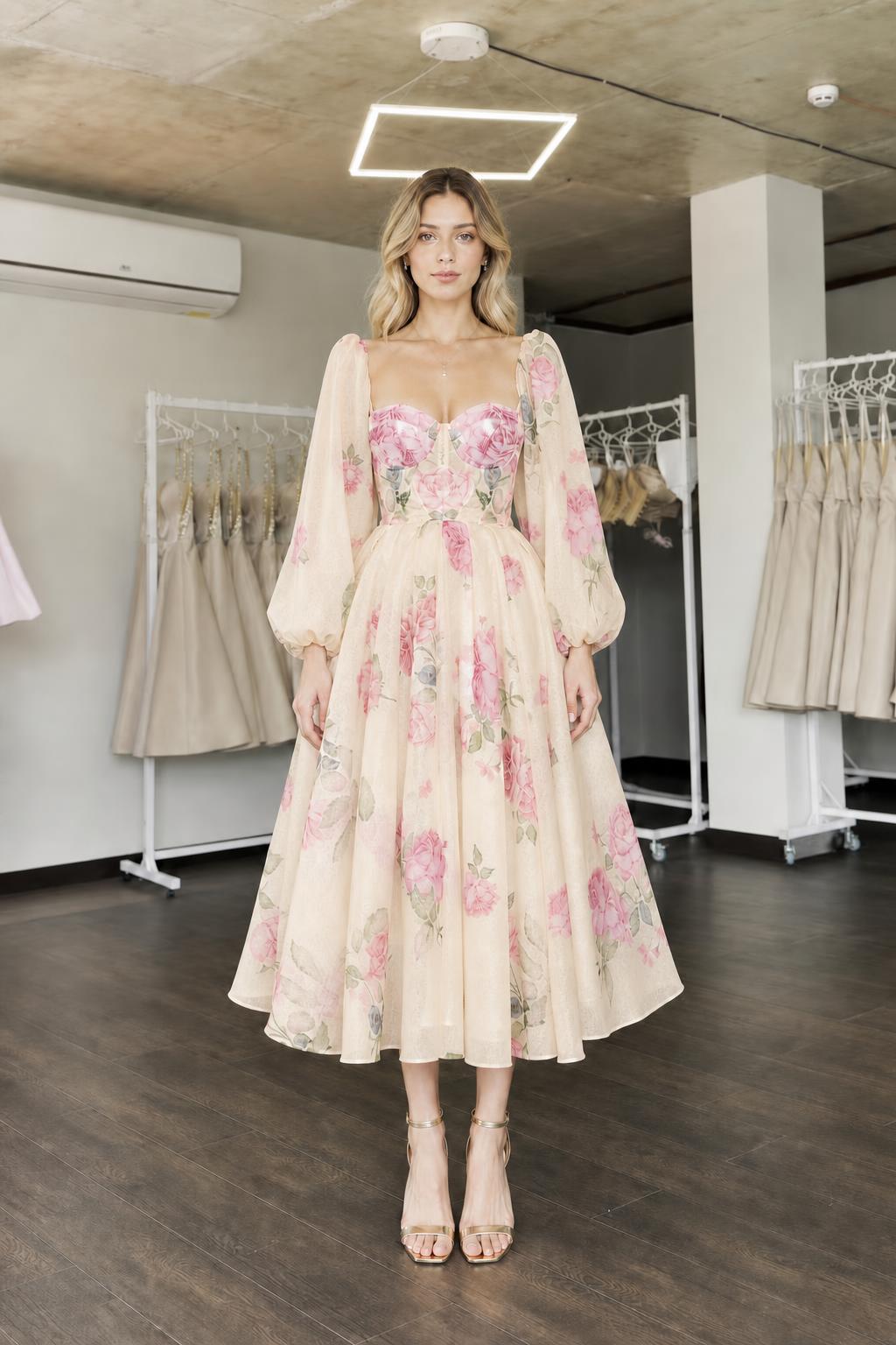 Front view of champagne floral midi dress