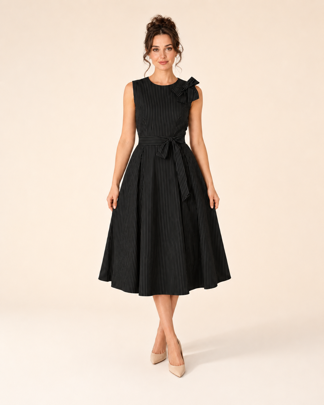 Front view of black sleeveless striped midi dress with shoulder bow and tie waist