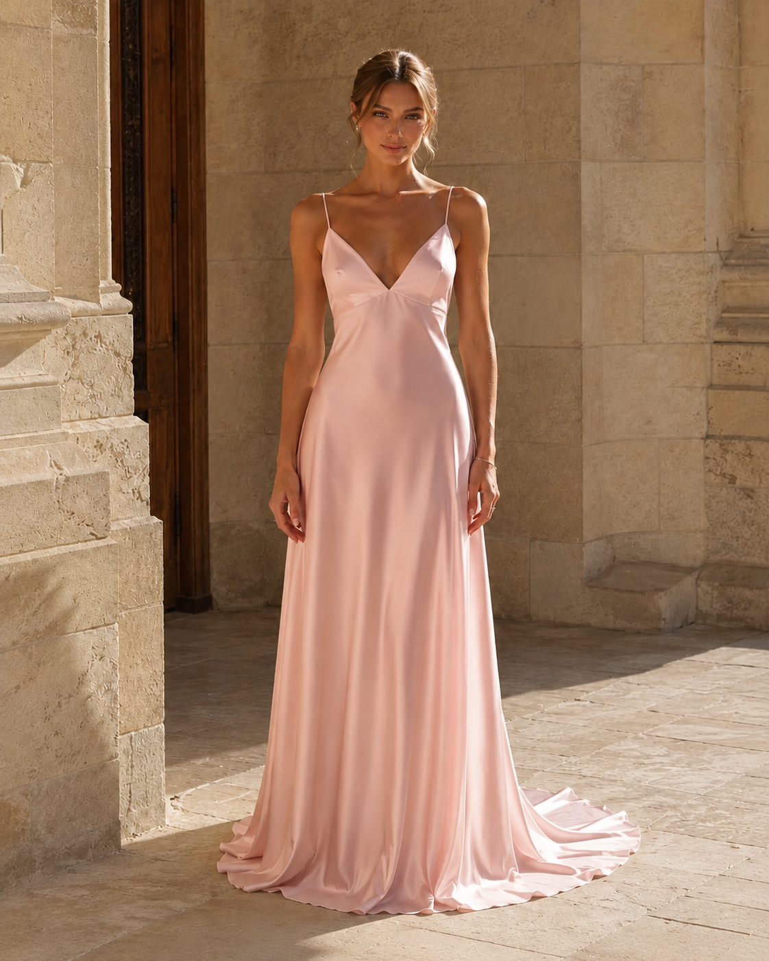 Blush pink satin-look slip maxi dress with elegant floor-length shape