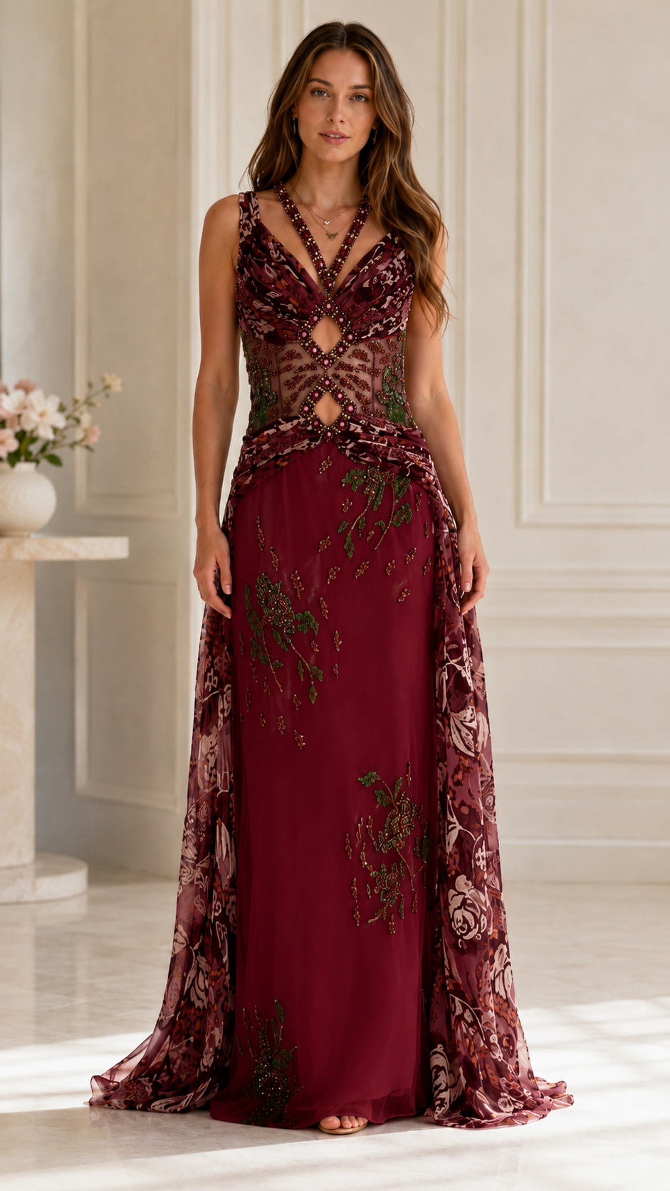 Front view of burgundy embellished formal gown with cutout detailing and floor-length skirt