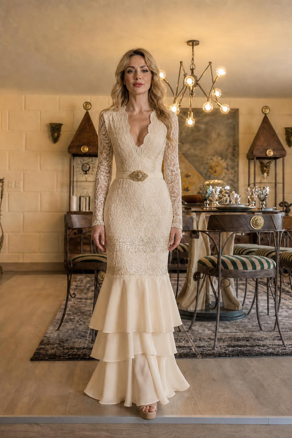 Front full view of champagne lace long-sleeve mermaid maxi dress