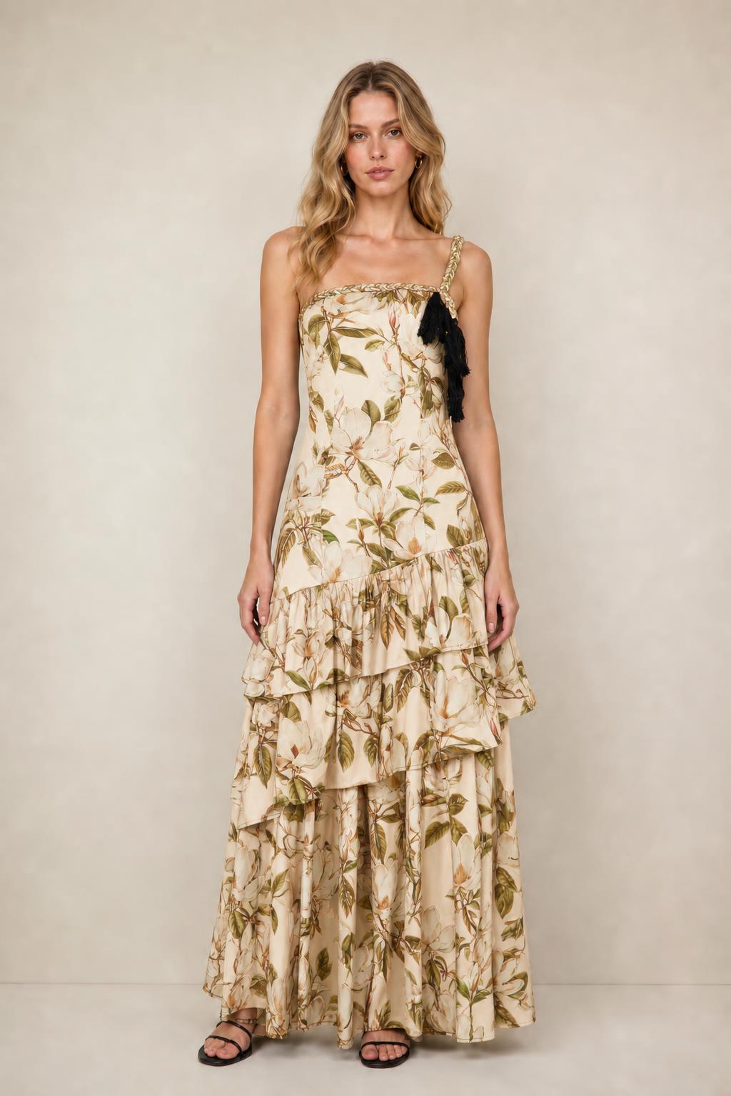 Front view of floral print tiered maxi dress in cream