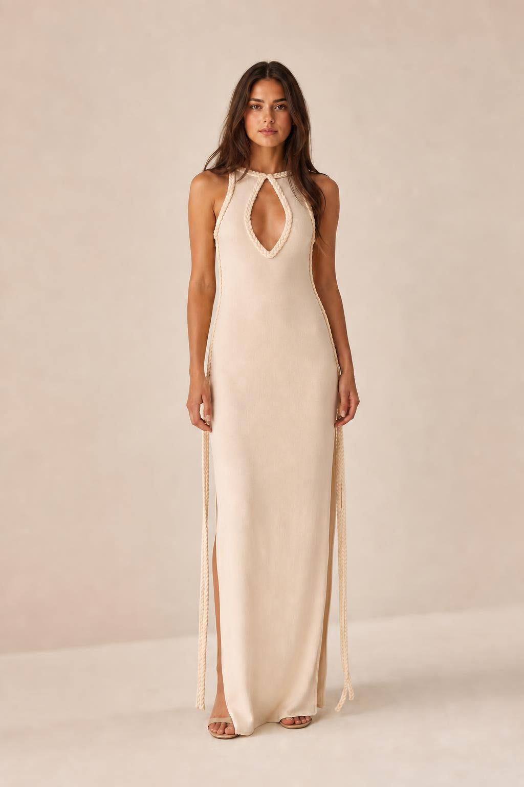 Women's Sleeveless Braided Trim Keyhole Maxi Dress