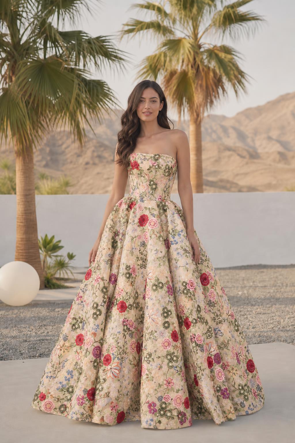 Front view of champagne multi floral embroidered evening dress