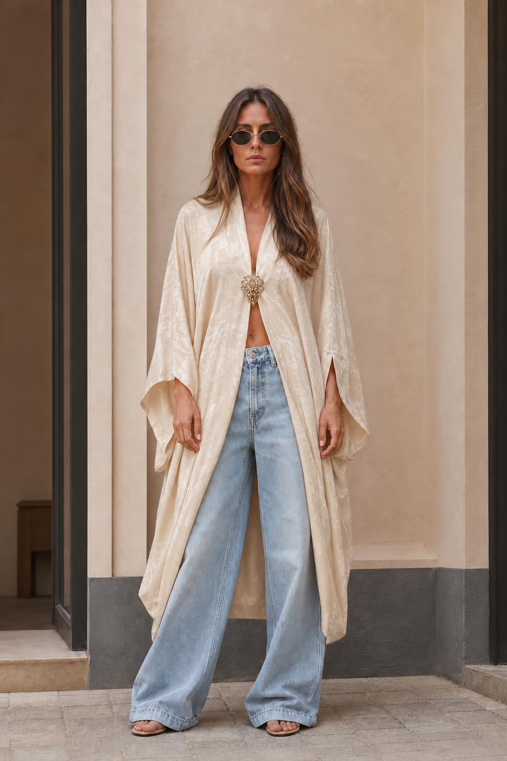 Model wearing champagne long kimono cardigan