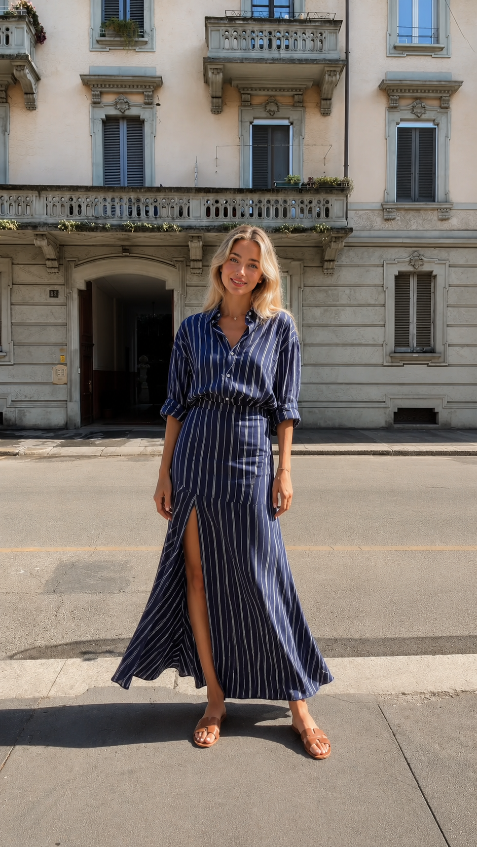Front view of navy striped maxi shirt dress with front slit and button-front top