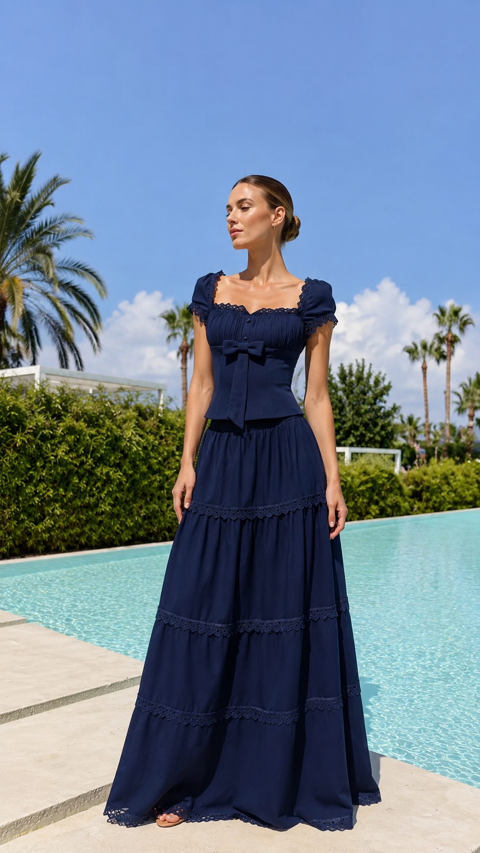 Front view of navy tiered maxi dress with puff sleeves and lace-look trim