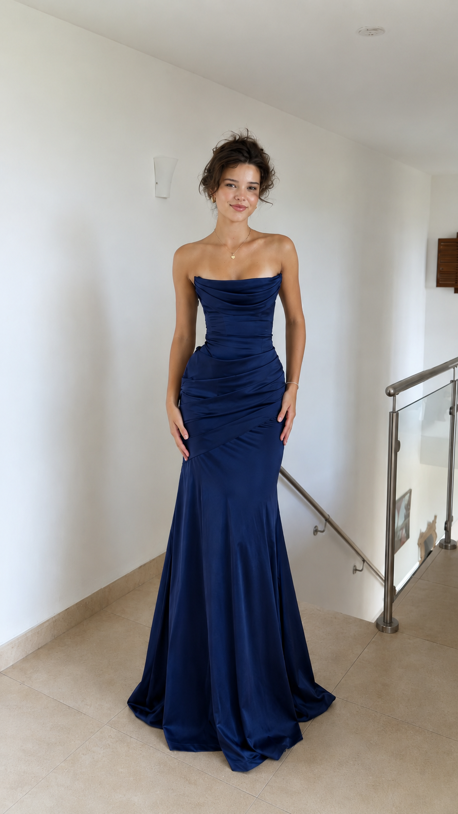 Front view of navy strapless ruched mermaid formal dress