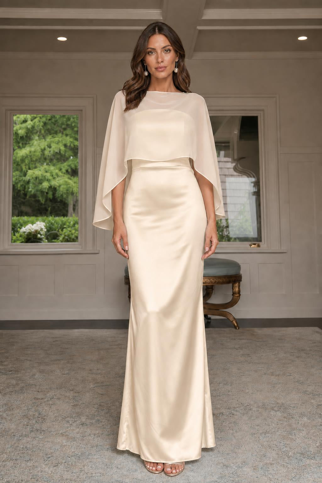 Model wearing champagne cape-overlay evening gown