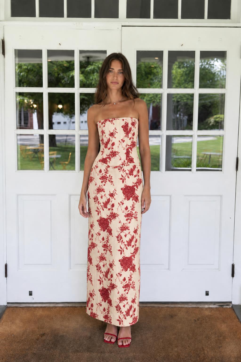 Floral Print Strapless Lace-Up Back Maxi Dress in Cream
