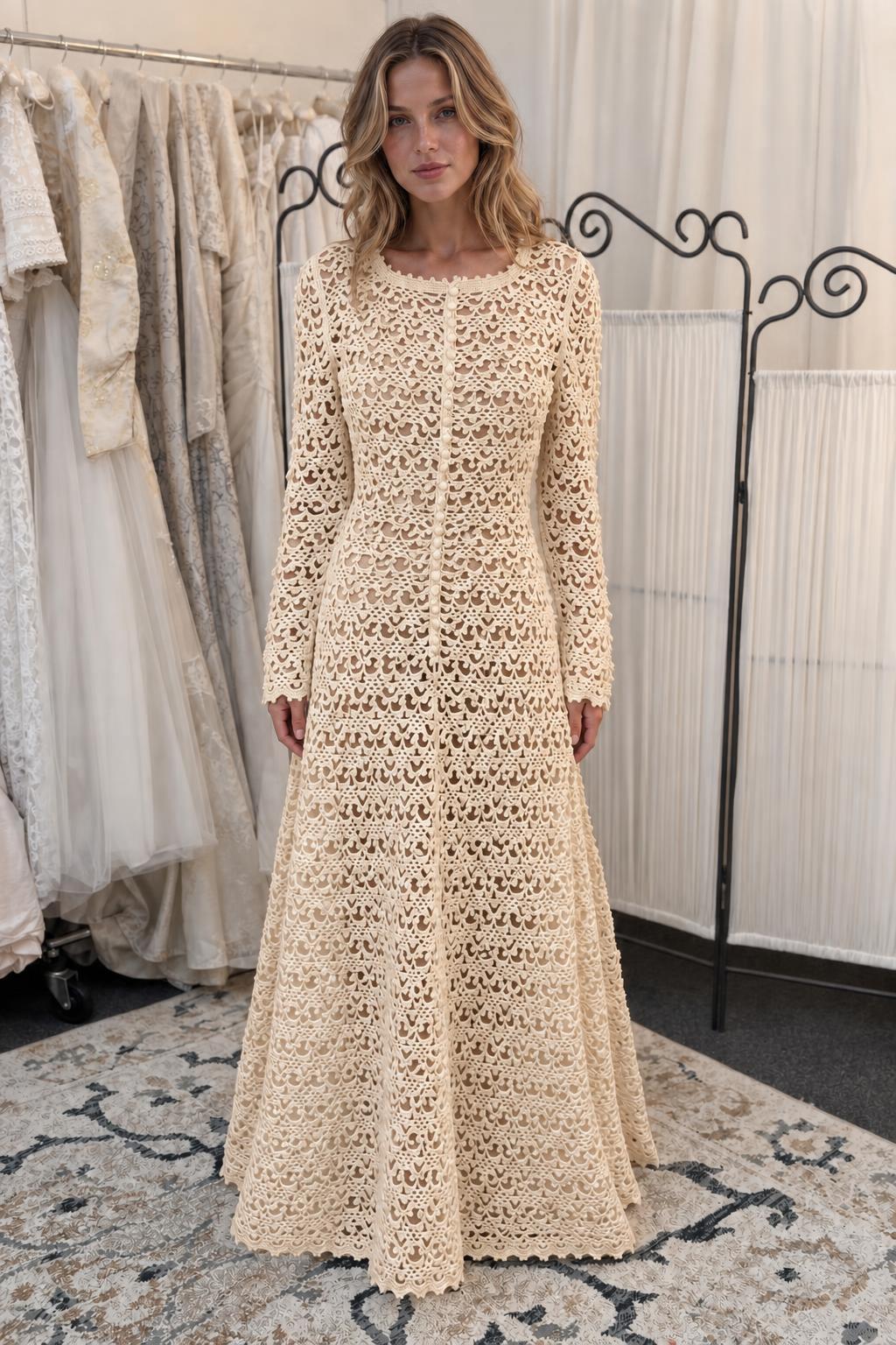 Woman wearing beige long-sleeve crochet lace maxi dress
