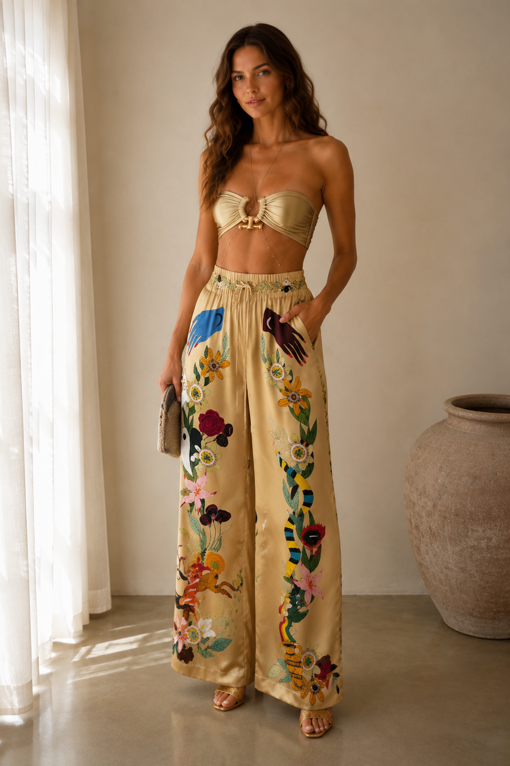 Strapless Bandeau Top & Floral Wide-Leg Pants Set