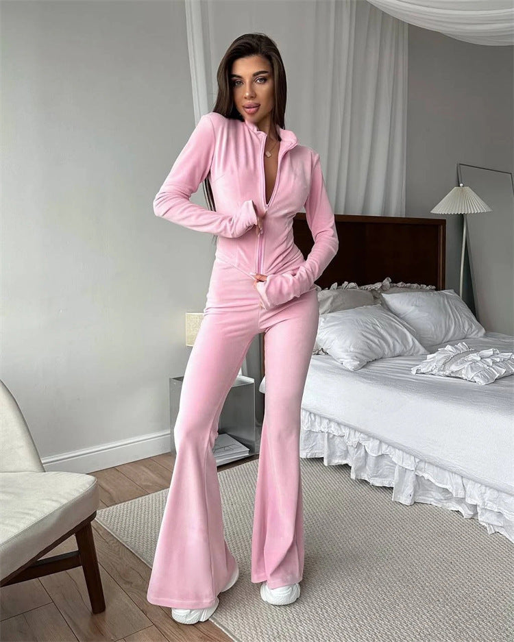 Style Casual Solid-Color Zip-Up Long-Sleeve Fitted Cardigan And Elastic Waist