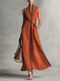 Trim Belted Sleeveless Linen Maxi Dress