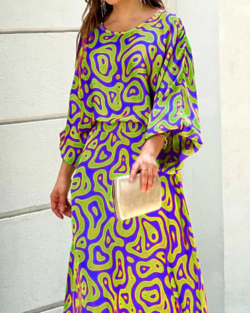 Crew Neck Print Top & Skirt Two Piece Set