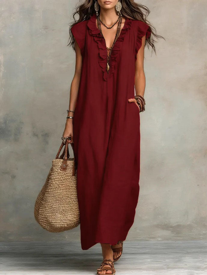 Bohemian Floor-Length Maxi Dress With Flutter Sleeves